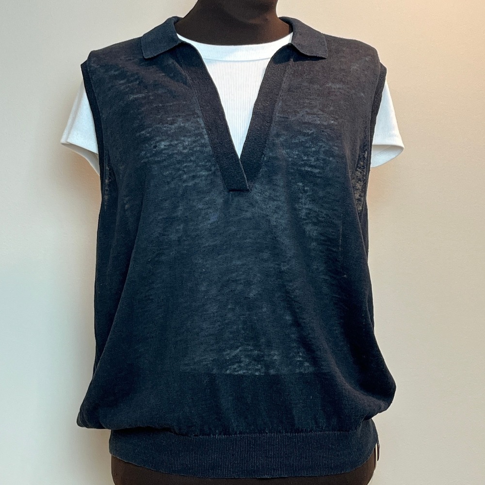 Babaton Aritzia Womens M Black 100% Linen Sleeveless Polo Sweater Vest Top